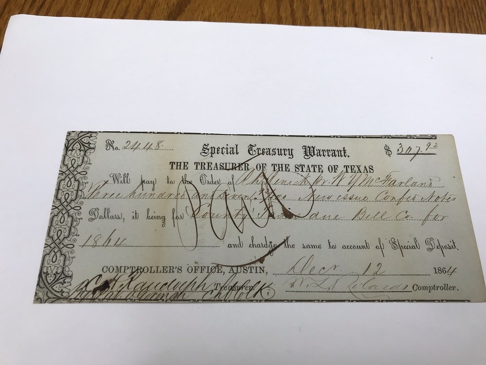 A&O-1864 Austin, Texas TW72 Special Treasury Warrant-ERROR Chardge Not Charged