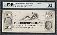 1840’s-1850’s Springfield, MA, Chicopee Bank $100 Note – PMG Proof 63 – Backed