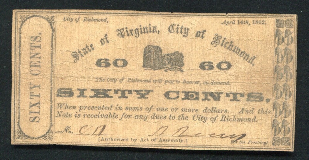 1862 60 SIXTY CENTS STATE OF VIRGINIA, CITY OF RICHMOND OBSOLETE SCRIP NOTE (G)