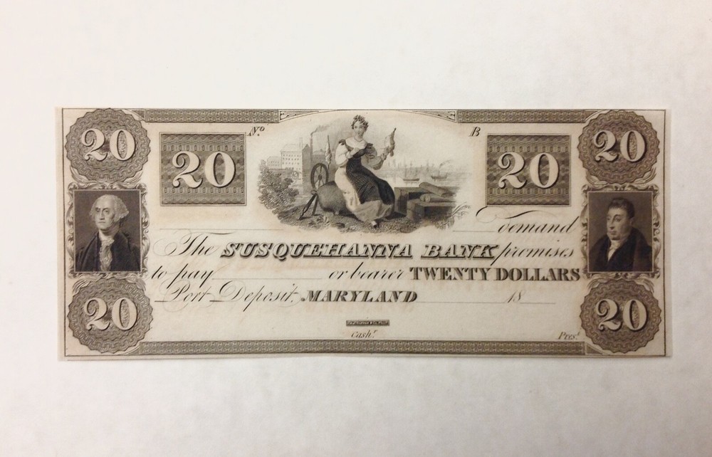 ~ 1830s $20 The Susquehanna Bank – Port Deposit, Maryland – Uncirculated Unc