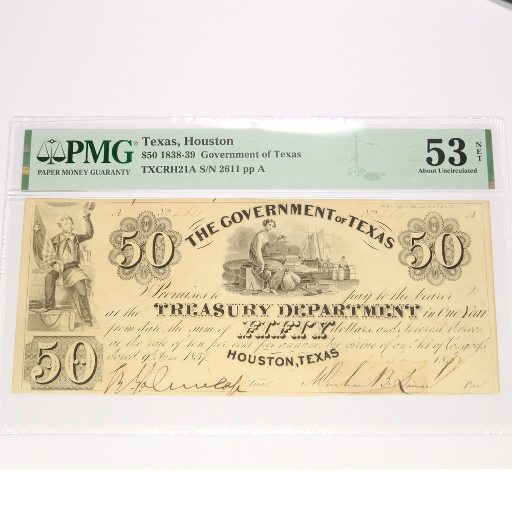 1838-39 PMG AU53 NET – Houston GOVERNMENT OF TEXAS $50 Treasury Note #45668B