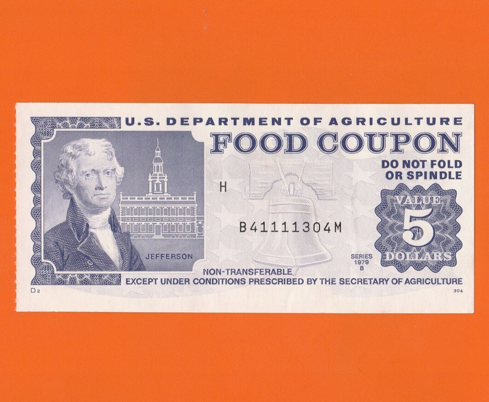 Food Stamp Coupon $5.00 1979 B B41111304M, Month Code H SCRIP TOKEN USDA