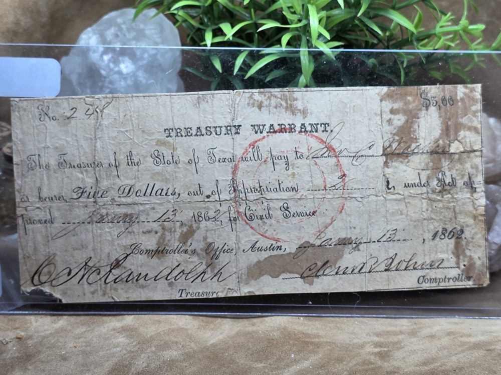 Originsl WW2-Austin, Tx. – Treasury Warrant $5, Feb. 1, 1862 Fiber