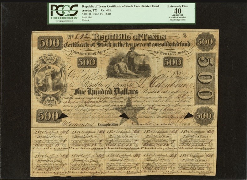 Republic of Texas 1840, Austin Government Bond $500 Consolidated Fund, PCGS XF40