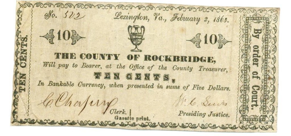 1868, 10 cents County of Rockbridge, VIRGINIA Note – CIVIL WAR Era, Banknotes