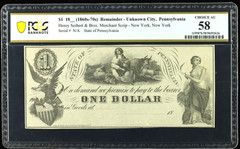 1860s-70s Remainder-Unknown City Pennsylvania 1 Dollar PCGS 58 Choice AU