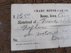 Antique Vintage receipt from Crary Motor Car Co Boone Iowa Super RARE