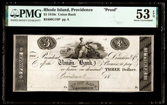 Proof Ca 1814 Union Bank Providence RI $3 Dollar Obsolete Note G18P PMG AU53 EPQ