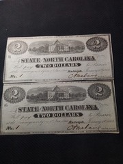 (2) Two Dollar Notes From North Carolina 1862, «New» No Pin Holes Or Stains.