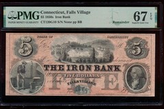 AC 1850s Obsolete The Iron Bank. Falls Village, Connecticut $5 PMG 67 EPQ