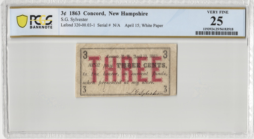 1863 Concord New Hampshire 3 Cent Obsolete Banknote S.G. Sylvester PCGS VF 25
