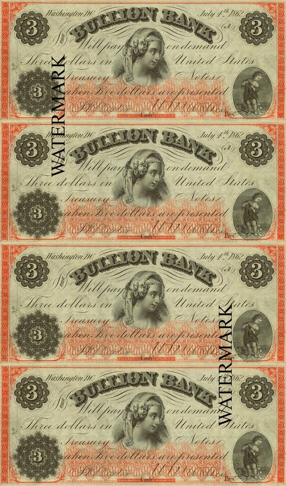 Washington DC – Bullion Bank $3 U. S. CAPITAL 1861 Obsolete Currency Sheet REPRO