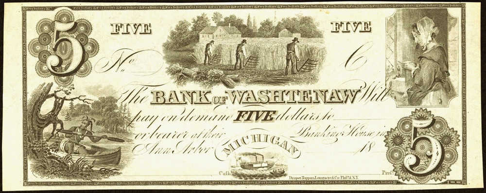 MI $5 ANN ARBOR Michigan The Bank of Washtenaw 1830s Crisp UNC Haxby MI-50 G14