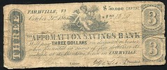 1861 $3 THREE DOLLARS THE APPOMATTOX SAVINGS BANK OF FARMVILLE, VA OBSOLETE