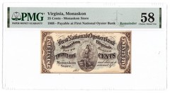 1868 25c TwentyFive First National Oyster Bank Remainder Note Monaskon VA PMG 58