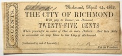 Virginia Obsolete – The City of RICHMOND – 25 Cents -1862 – Circulated!