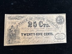 1862 25 Cents RALEIGH State Of North Carolina Obsolete Note