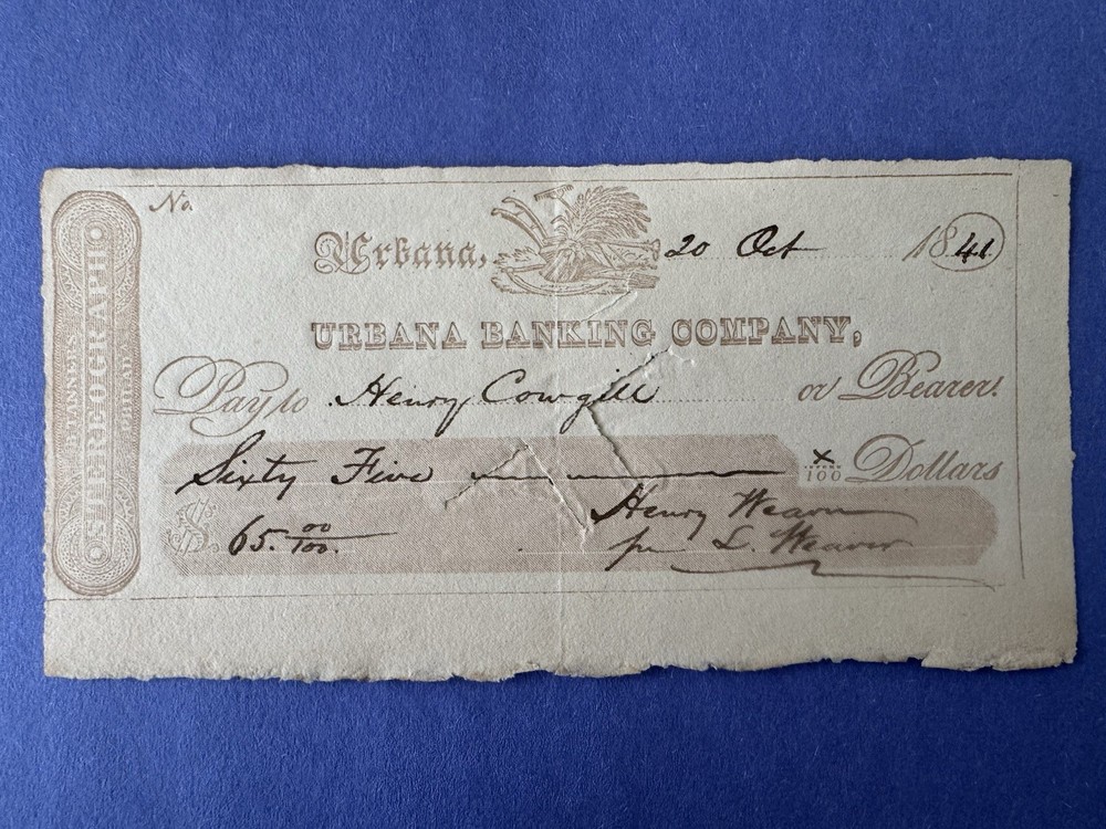 1841 RARE Pre-Civil War Urbana Banking Co. Ohio $65 Draft Check X-Cancel