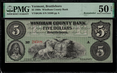 1860’s $5 Obsolete – Brattleboro, VT – Windham County Bank – PMG 50 EPQ