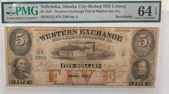 1857 $5 Western Ex. F&M Ins Co Omaha City Bishop Hill Nebraska PMG 64 EPQ