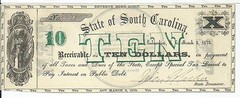 1872 $10 South Carolina TEN DOLLARS Revenue Bond Scrip Blue Ridge RR #8778