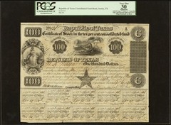 Republic of Texas 1840, Government Bond $100 Consolidated Fund Certificate, PCGS