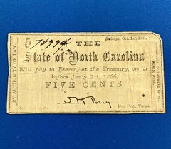 1861 State Of North Carolina 5 Cents 5c Civil War Obsolete State Scrip Note
