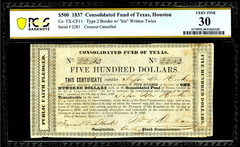 9/1/1837 Houston Texas Francis Lubbock Consolidated Fund $500 Note PCGS VF30