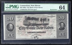 1860’s $20 CITY BANK OF NEW HAVEN CONNECTICUT OBSOLETE NOTE PMG CHOICE UNC-64