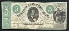 1862 $5 VIRGINIA TREASURY NOTE RICHMOND, VA OBSOLETE CURRENCY NOTE XF