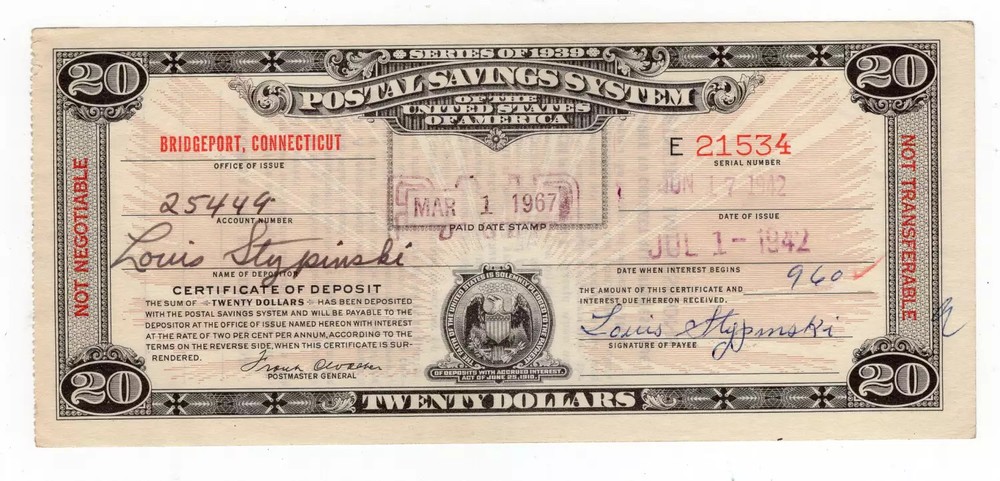 Series 1939 $20 Bridgeport, Connecticut Postal Savings Certificate