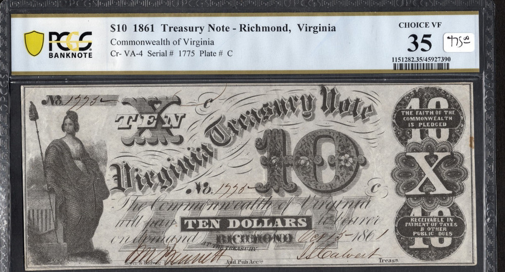 $10- 1861 Treasury Note- Richmond, Va- Choice VF 35