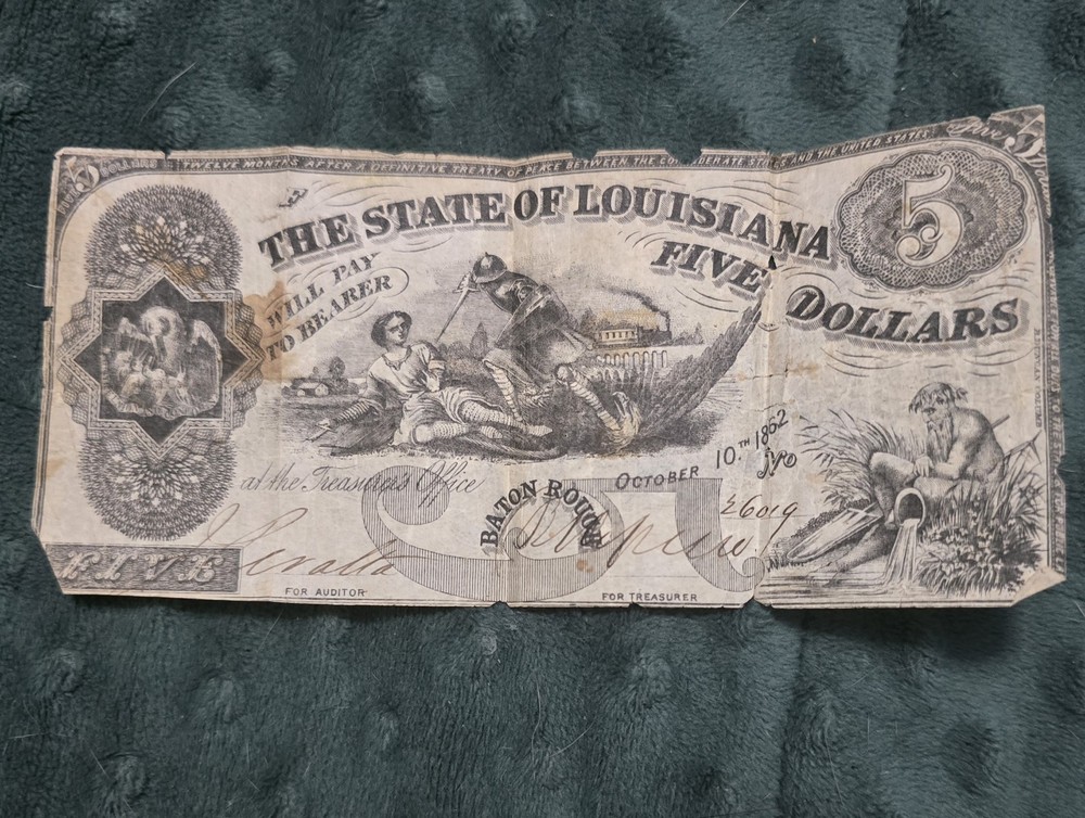 October 10, 1862 $5 State of Louisiana Baton Rouge Bank Note