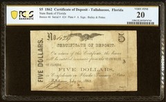 1862 FLORIDA Tallahassee $5 Civil War Obsolete Currency Deposit BankNote, PCGS