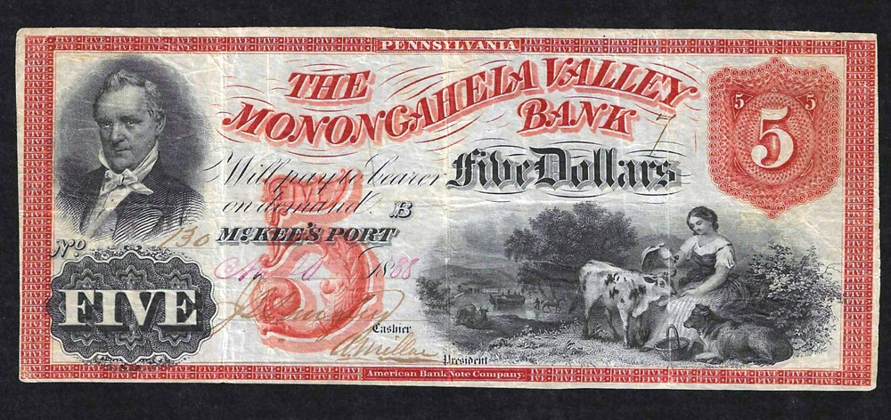 1858 MONONGAHELA BANK $5 McKEESPORT PA ~ PRES JAMES BUCHANAN ~ GORGEOUS COLORS