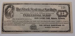 Stork System of Savings Scrip 3c Osvald Hardware Modesto, CA, Union Savings Bank