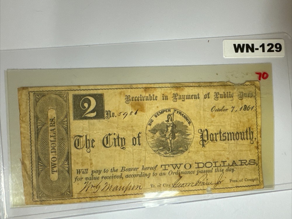 BANK NOTE OBSOLETE CURRENCY City of Portsmouth Two Dollars 1861 WN-129