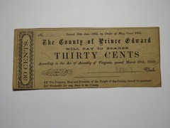 $.30 1862 Prince Edward Virginia Obsolete Currency Bank Note Bill County of PE