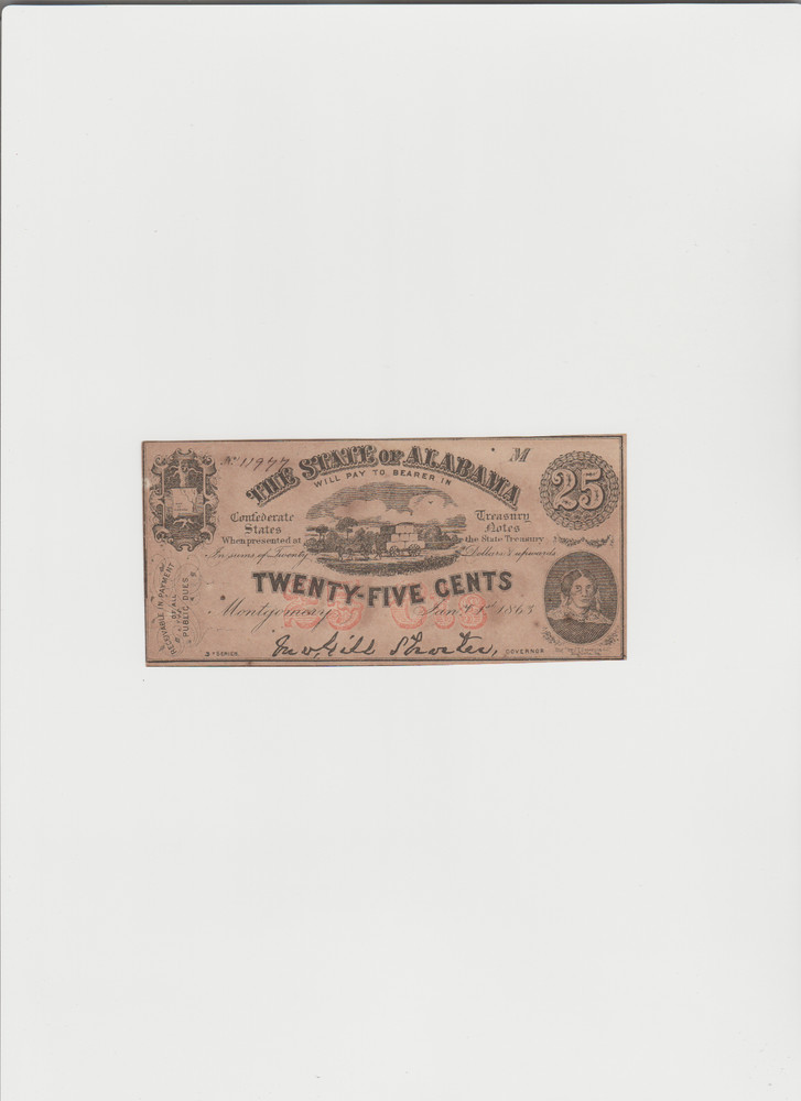 1863 25¢ The State of Alabama Montgomery, AL Obsolete Note Lightly circulated