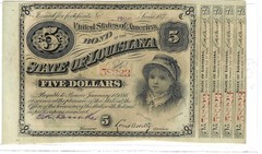 1870s Five Dollars State of Louisiana BABY BOND $5 UNCIRCULATED w Coupons #58323