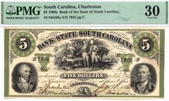 1861 $5 Bank of the State of South Carolina, Charleston Obsolete – PMG VF30!