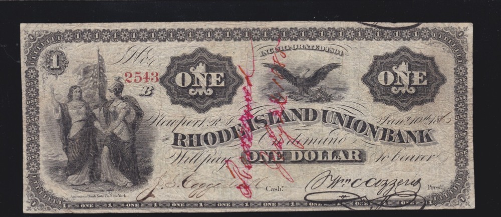 US $1 Rhode Island Union Bank Obsolete Currency F-VF Durland #692 (543)