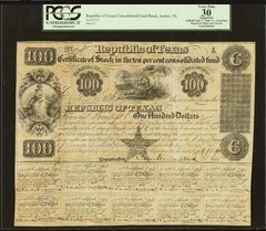Republic of Texas 1840, Government Bond $100 Consolidated Fund Certificate, PCGS