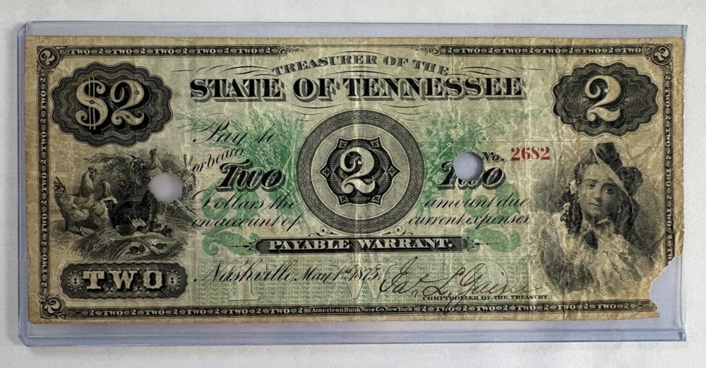 May 1875 $2 two dollars Reconstruction State Of Tennessee «payable warrant»