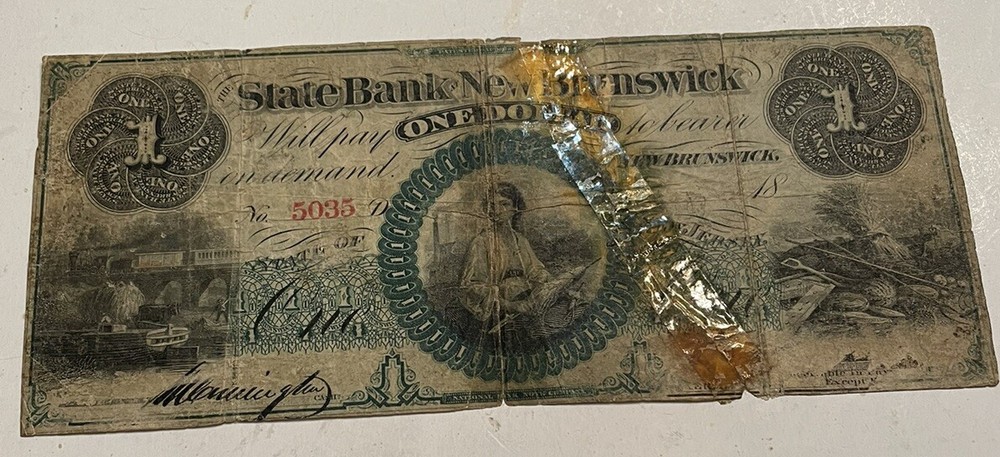 $1.00 State Bank Of New Brunswick. New Jersey. 1859