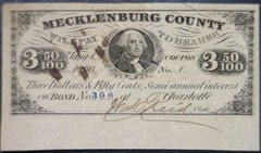 1860 RARE AU Det $3.50 Mecklenburg County NC US Obsolete Fractional Type Note NR