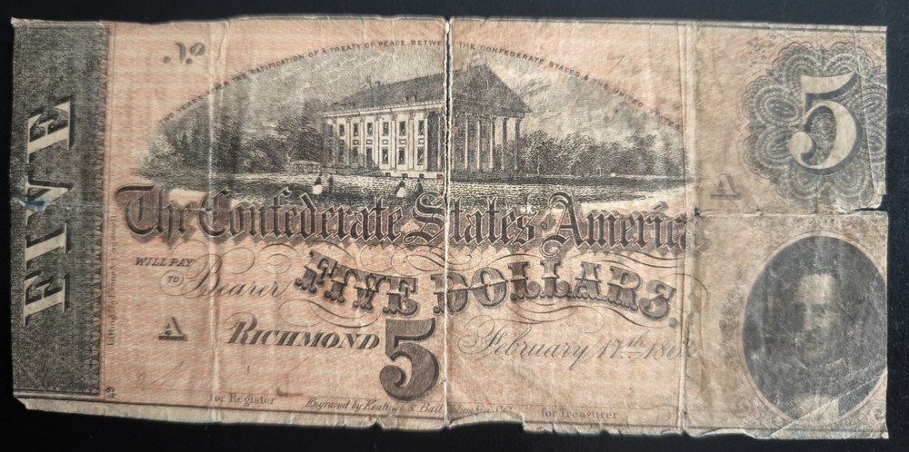 1864 Confederate States of America $5 Civil War Currency Richmond Virginia