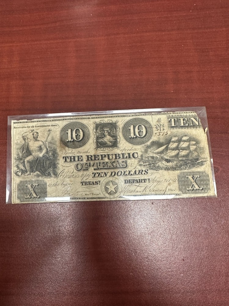 1839-1841 $10 THE REPUBLIC OF TEXAS OBSOLETE CURRENCY NOTE