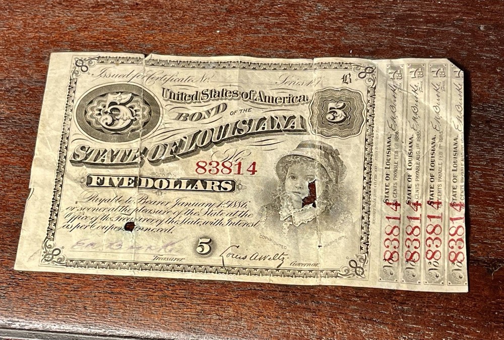 1868 Louisiana $5 Baby Bond – #83814 – Reconstruction Era Obsolete Currency