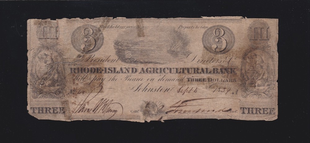 US $3 Rhode Island Agricultural Bank Johnson Obsolete Currency F-VF Durand #500
